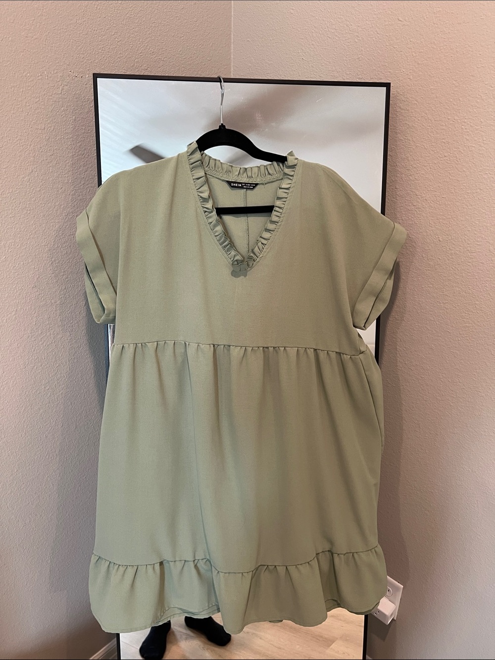 SHEIN Sage Green Ruffle V-Neck Tiered Tunic
